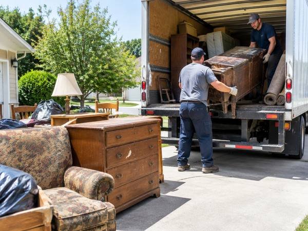 Two-person junk removal crew loading old furniture into a truck in Kitchener